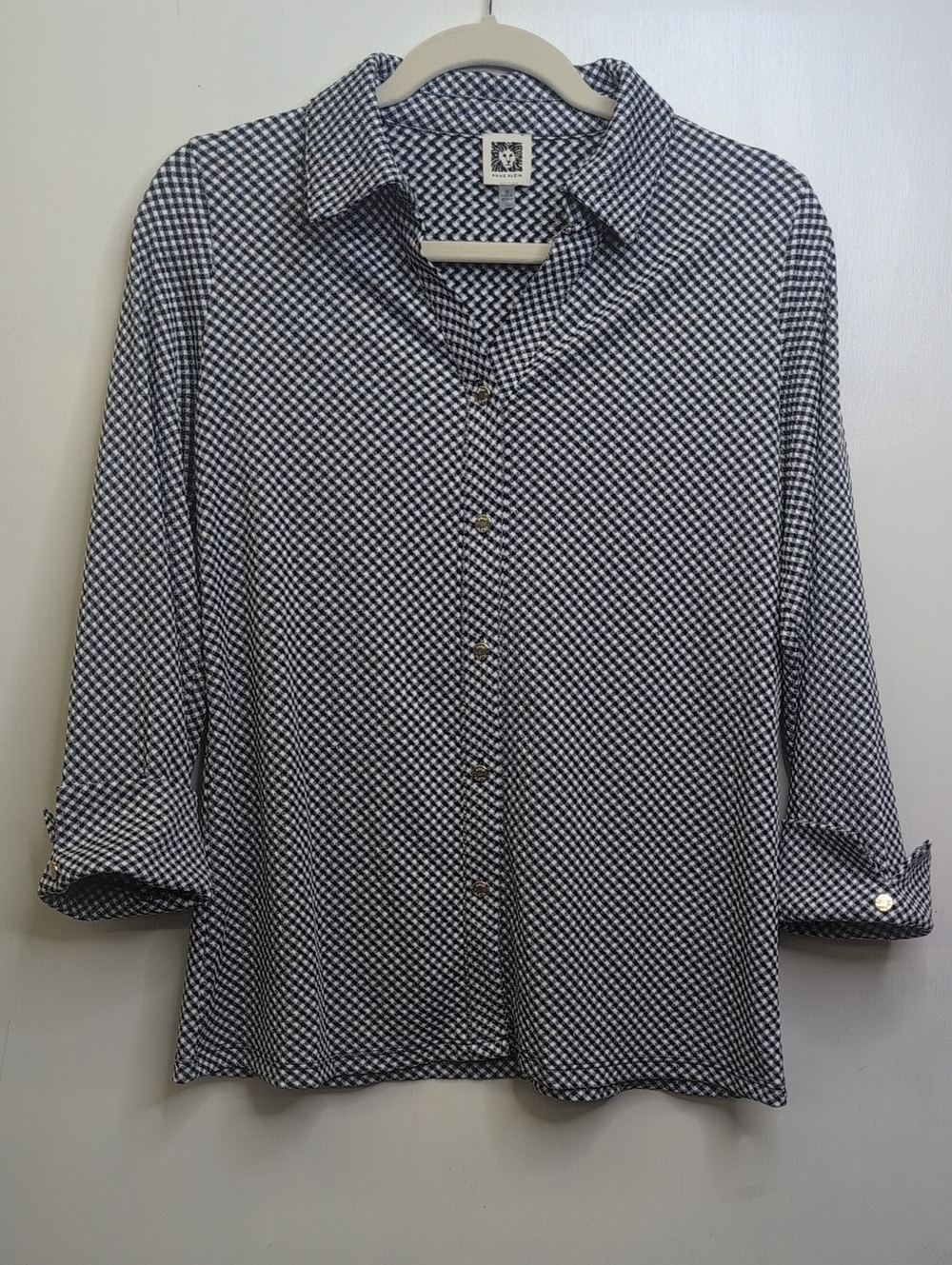 Anne Klein Navy and White Geometric Button-Down Shirt Medium